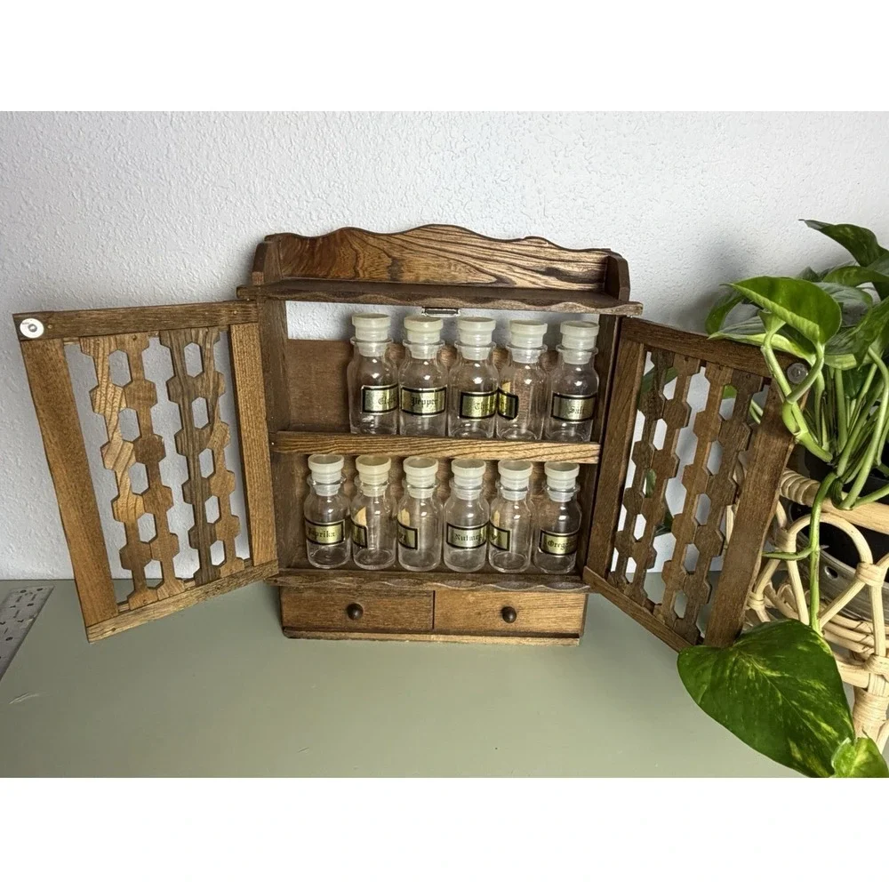 Vintage‎ Japan Wood Spice Cabinet Wall Rack Glass Jars Drawers Apothecary MCM